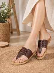 Handcrafted Brown Braided Strap Cork Sole Flats For Women - Soft & Comfortable Casual Slippers