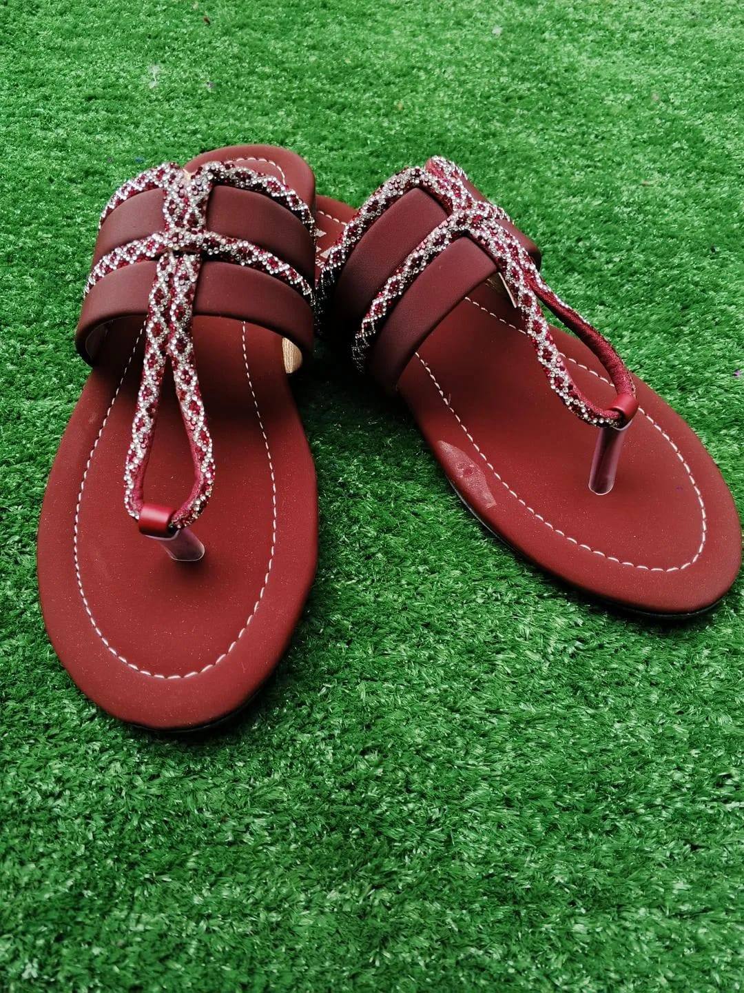 Royal Maroon Rhinestone Synthetic Leather Flats For Women - Fancy & Semi-Formal Footwear