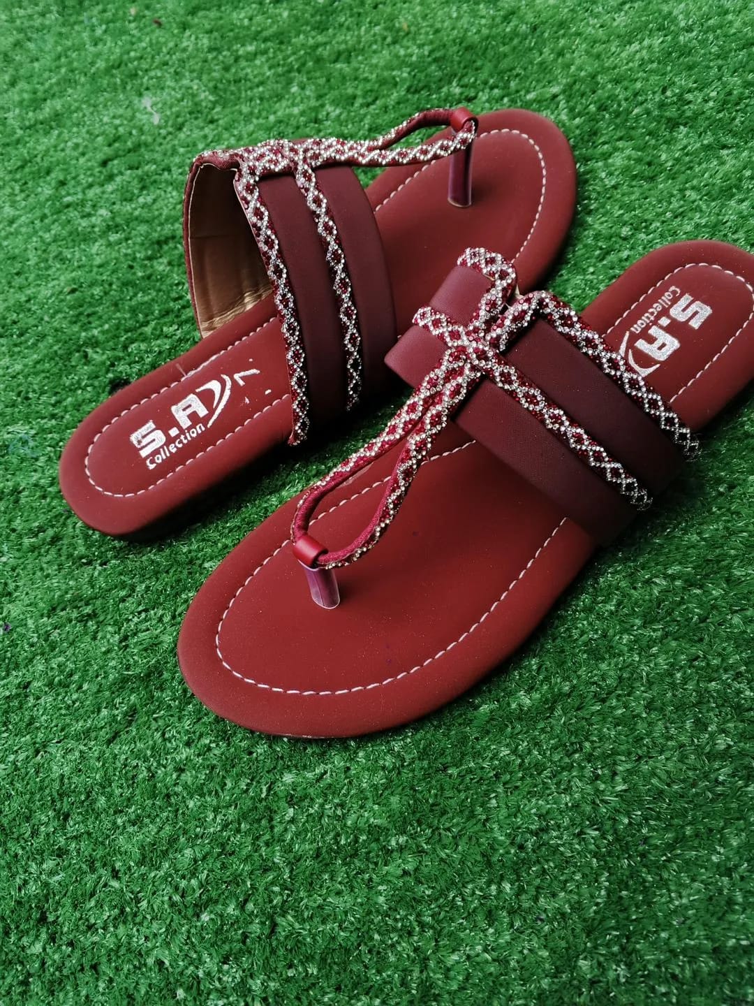 Royal Maroon Rhinestone Synthetic Leather Flats For Women - Fancy & Semi-Formal Footwear