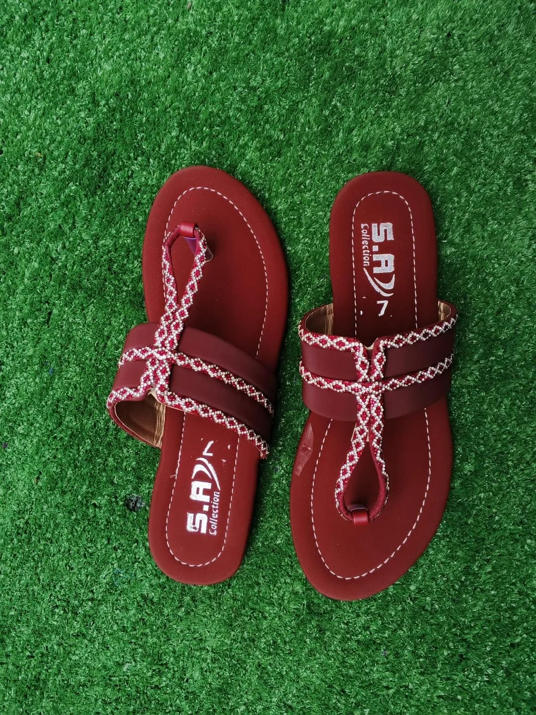 Royal Maroon Rhinestone Synthetic Leather Flats For Women - Fancy & Semi-Formal Footwear
