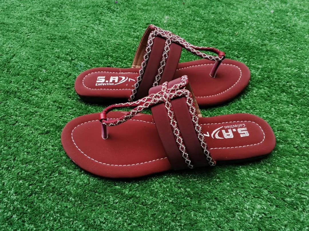 Royal Maroon Rhinestone Synthetic Leather Flats For Women - Fancy & Semi-Formal Footwear