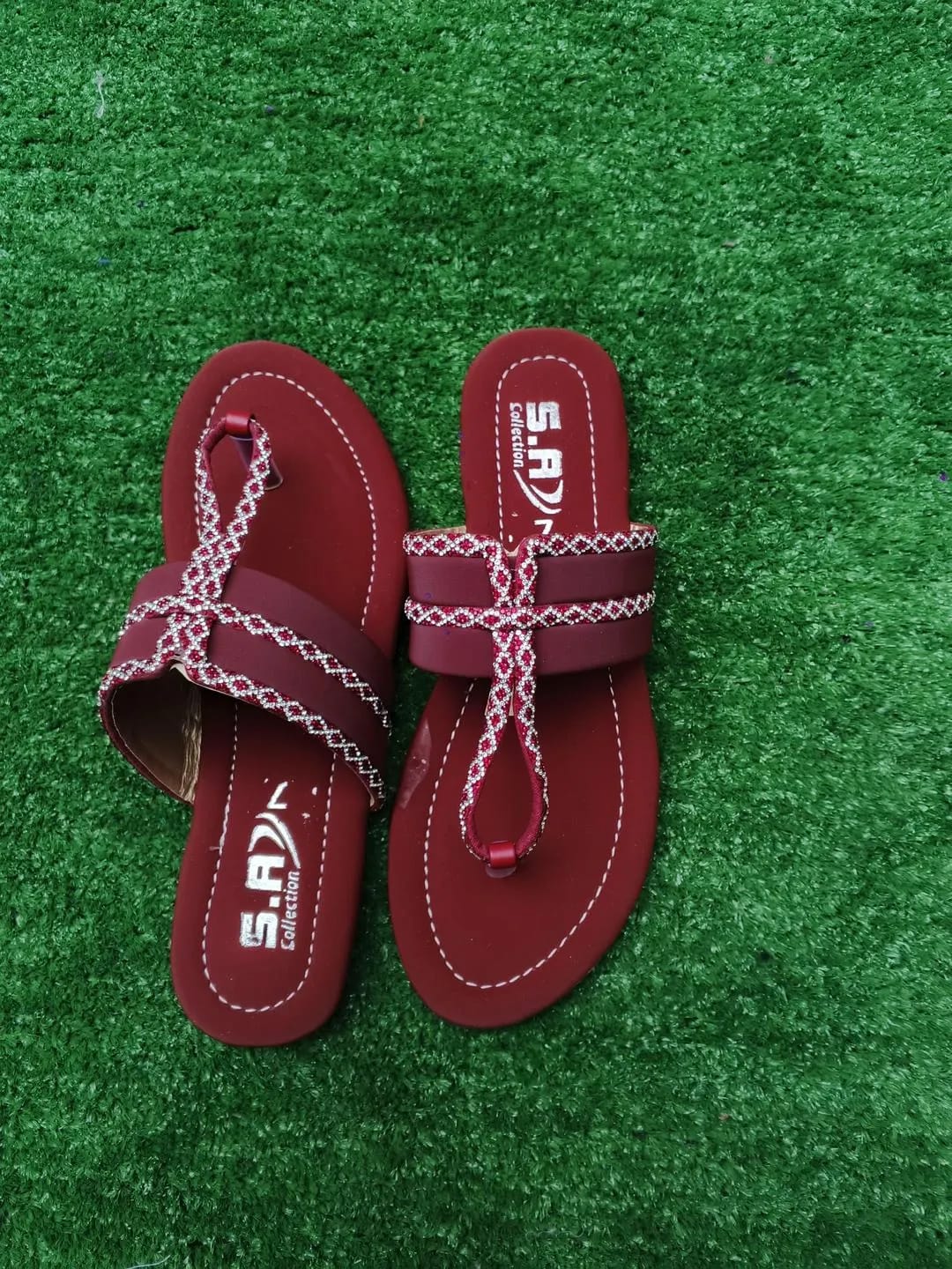 Royal Maroon Rhinestone Synthetic Leather Flats For Women - Fancy & Semi-Formal Footwear