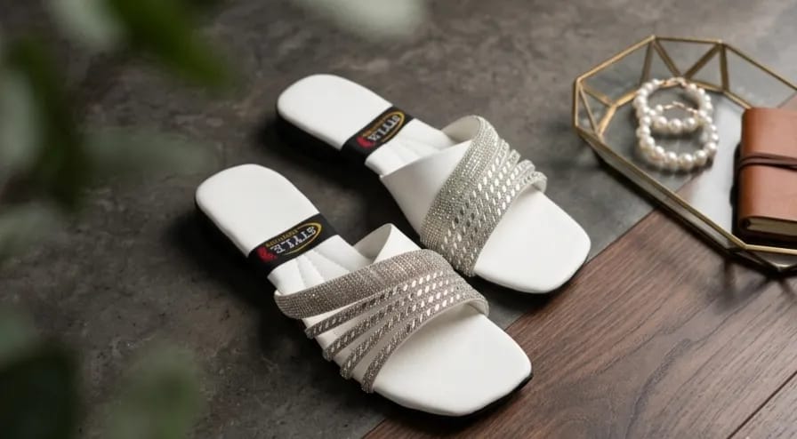 Graceful White Rhinestone Synthetic Leather Flats For Women - Fancy & Versatile Footwear
