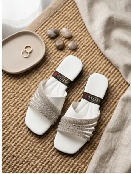 Graceful White Rhinestone Synthetic Leather Flats For Women - Fancy & Versatile Footwear