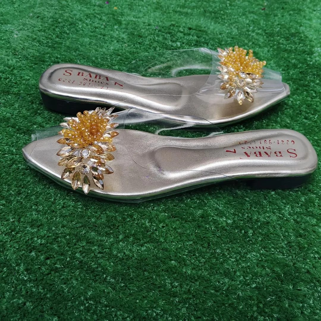 Glamorous Golden Gemstone PVC Flats For Women - Fancy & Festive Footwear