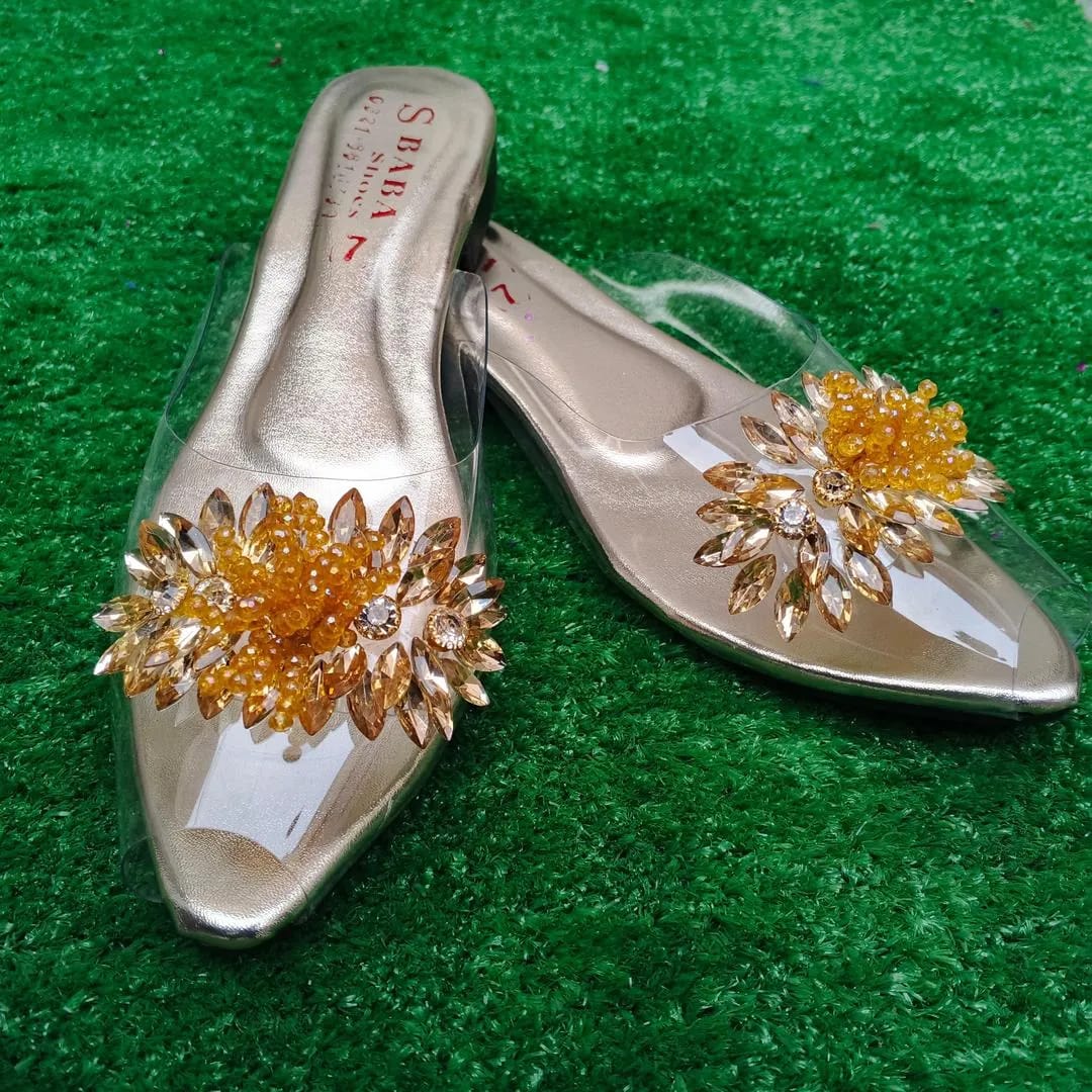 Glamorous Golden Gemstone PVC Flats For Women - Fancy & Festive Footwear