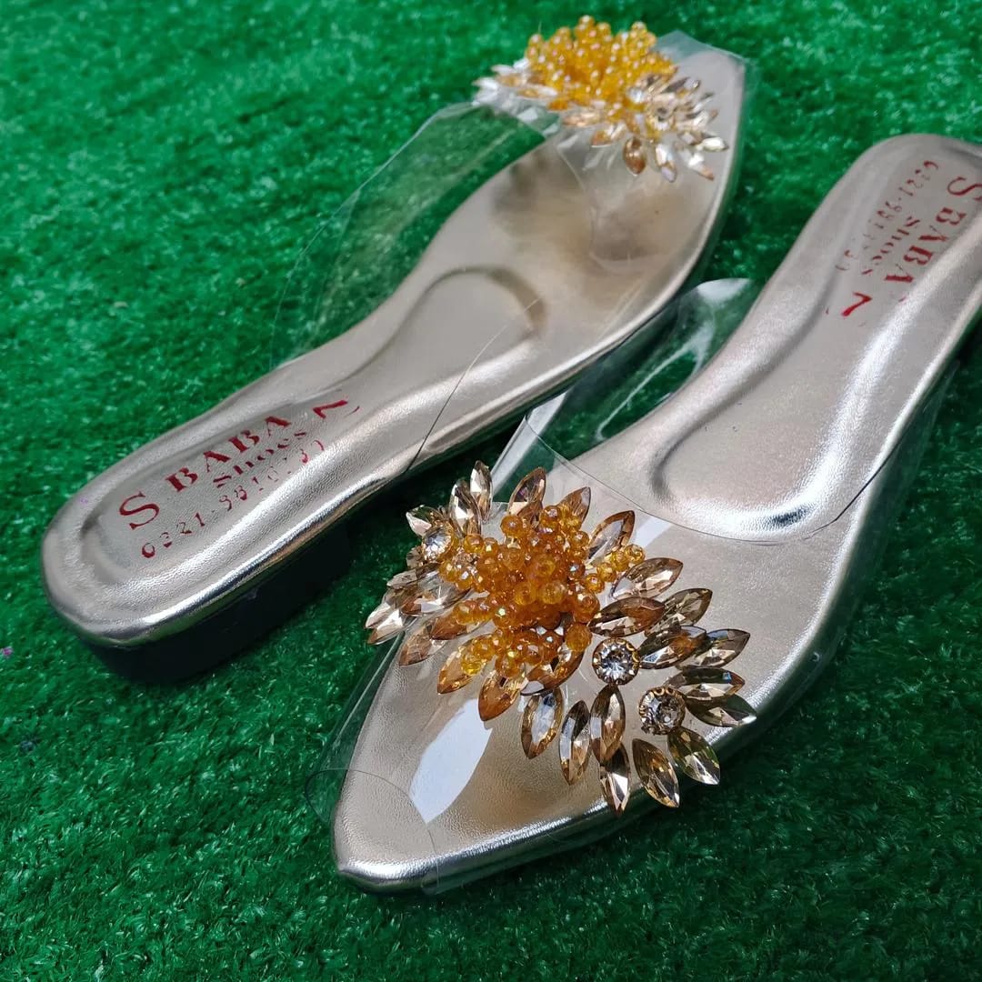 Glamorous Golden Gemstone PVC Flats For Women - Fancy & Festive Footwear