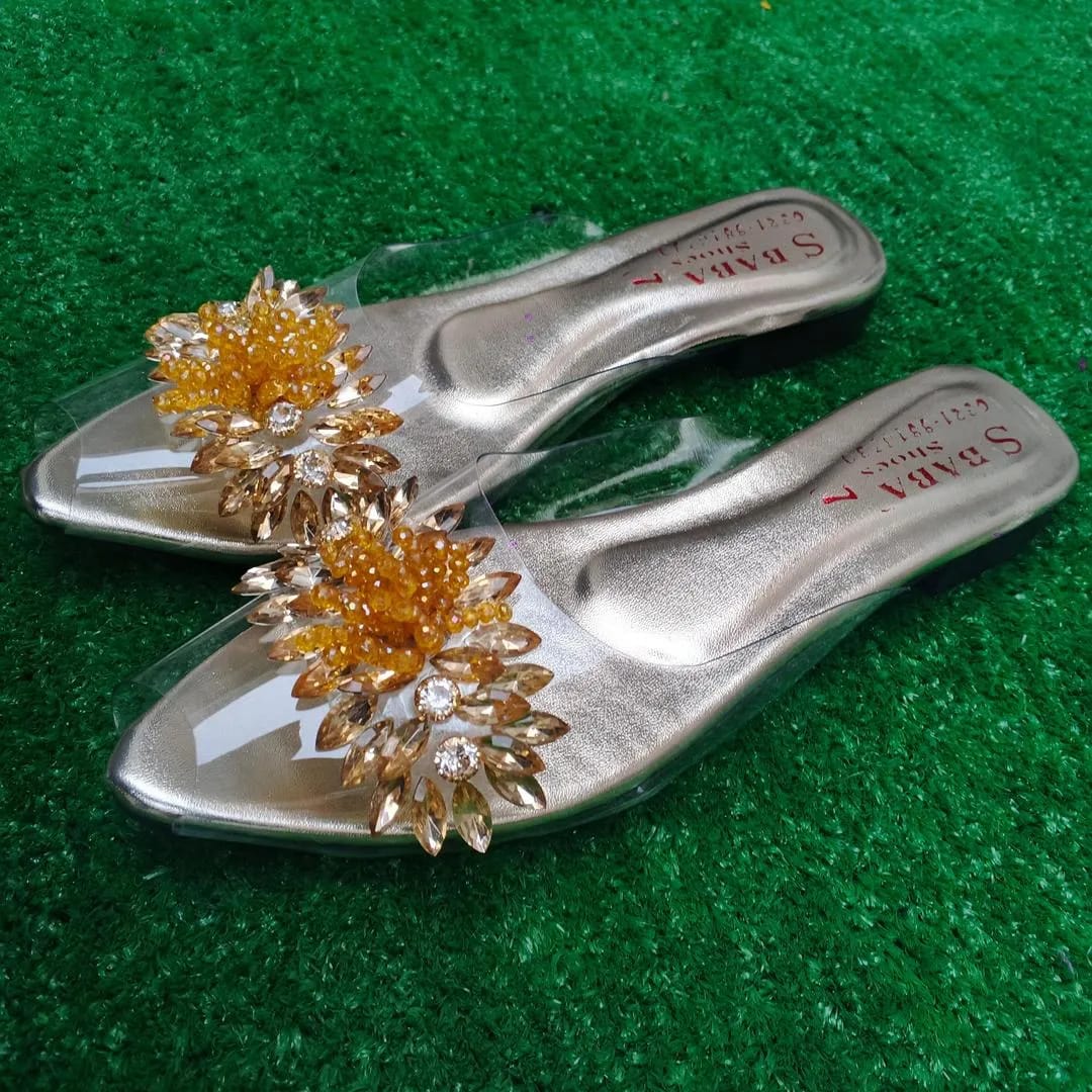 Glamorous Golden Gemstone PVC Flats For Women - Fancy & Festive Footwear