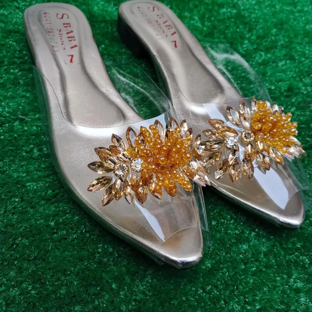 Glamorous Golden Gemstone PVC Flats For Women - Fancy & Festive Footwear