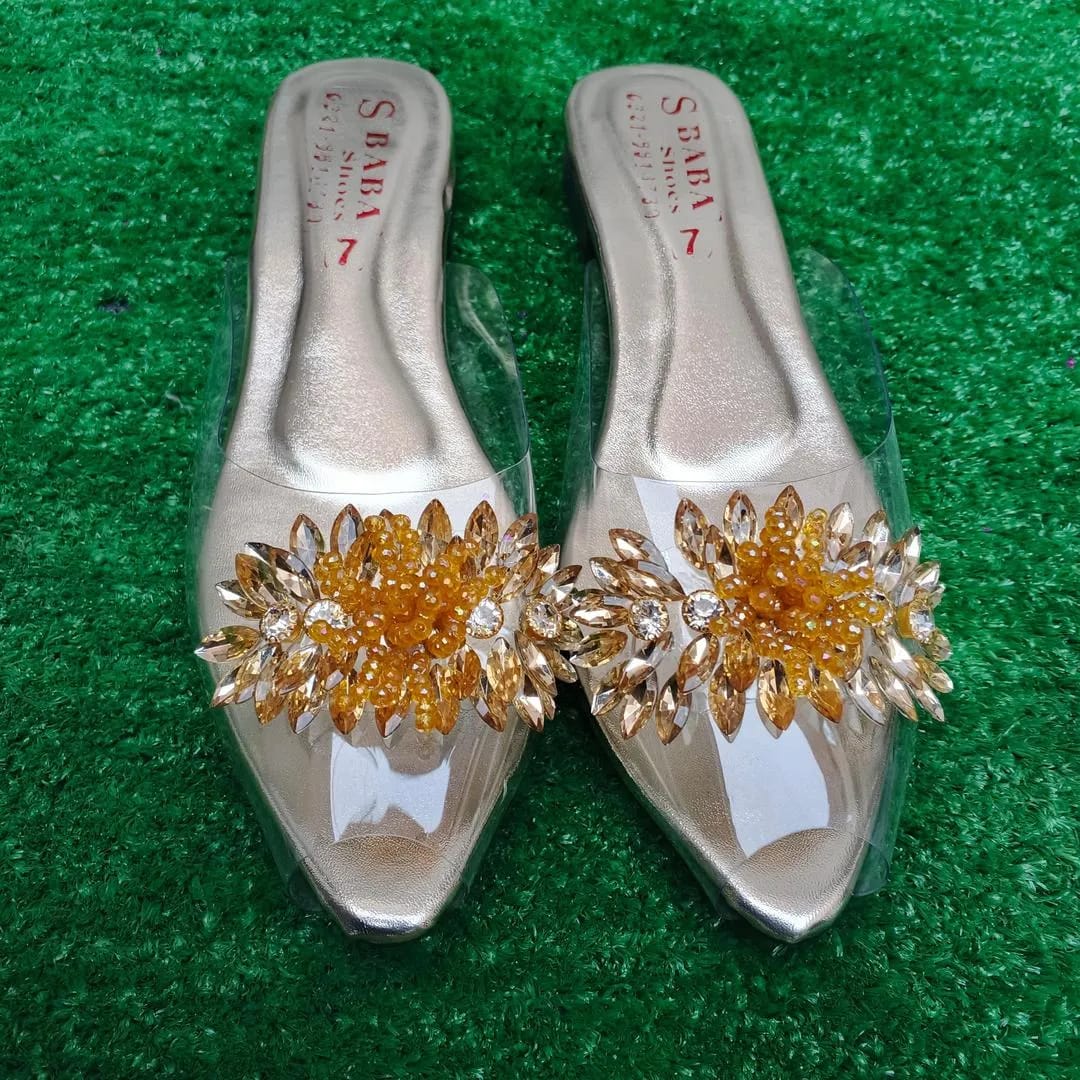Glamorous Golden Gemstone PVC Flats For Women - Fancy & Festive Footwear