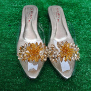 Glamorous Golden Gemstone PVC Flats For Women - Fancy & Festive Footwear