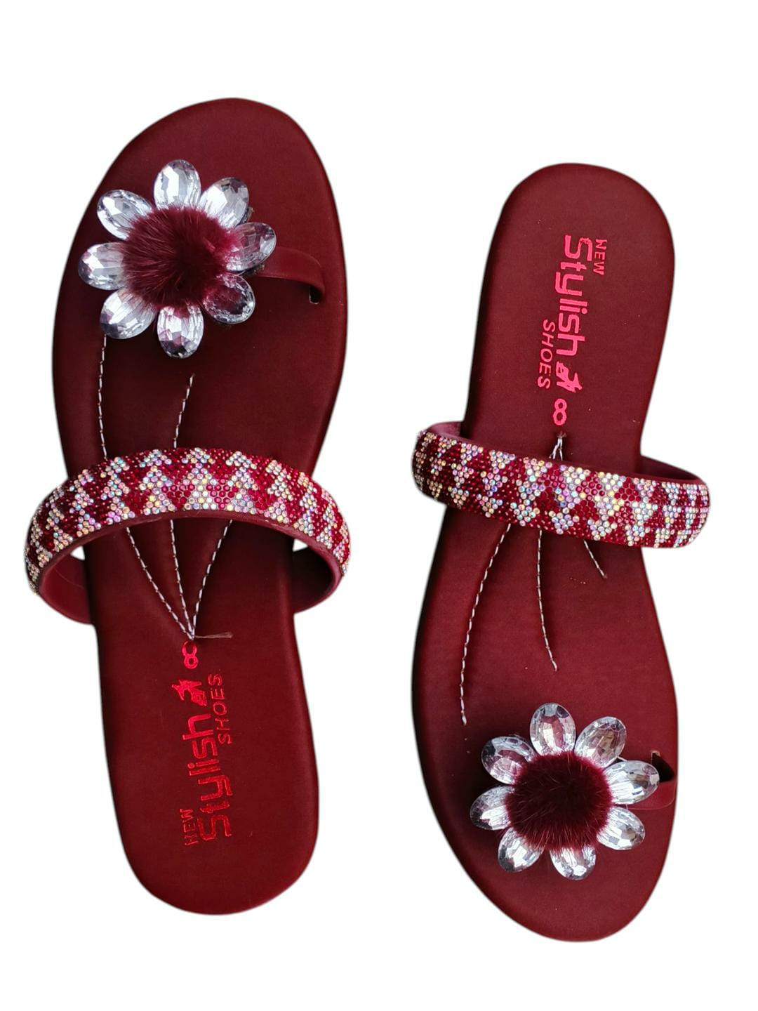 Royal Maroon Gemstone Satin Flats For Women - Elegant Semi-Formal footwear