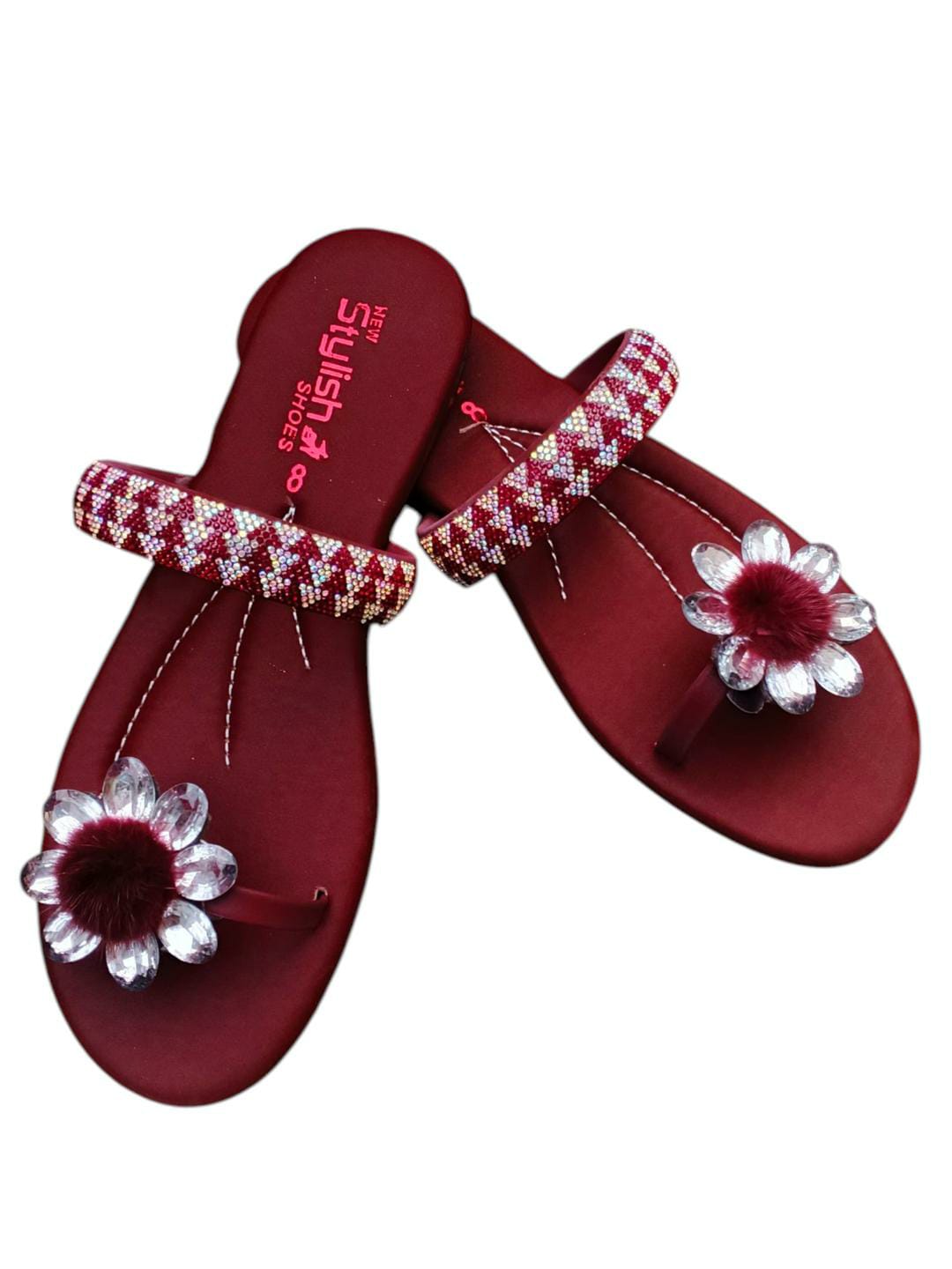 Royal Maroon Gemstone Satin Flats For Women - Elegant Semi-Formal footwear