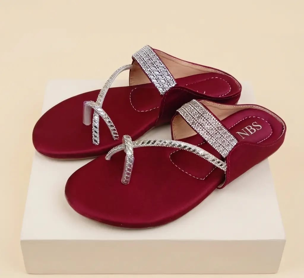 Trending Maroon Rhinestone Synthetic Leather Flats For Women - Fancy & Versatile Footwear