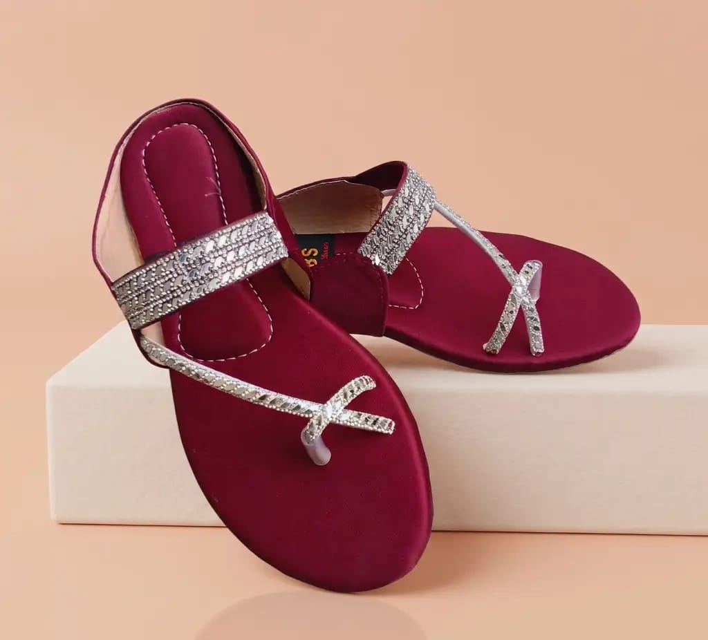 Trending Maroon Rhinestone Synthetic Leather Flats For Women - Fancy & Versatile Footwear