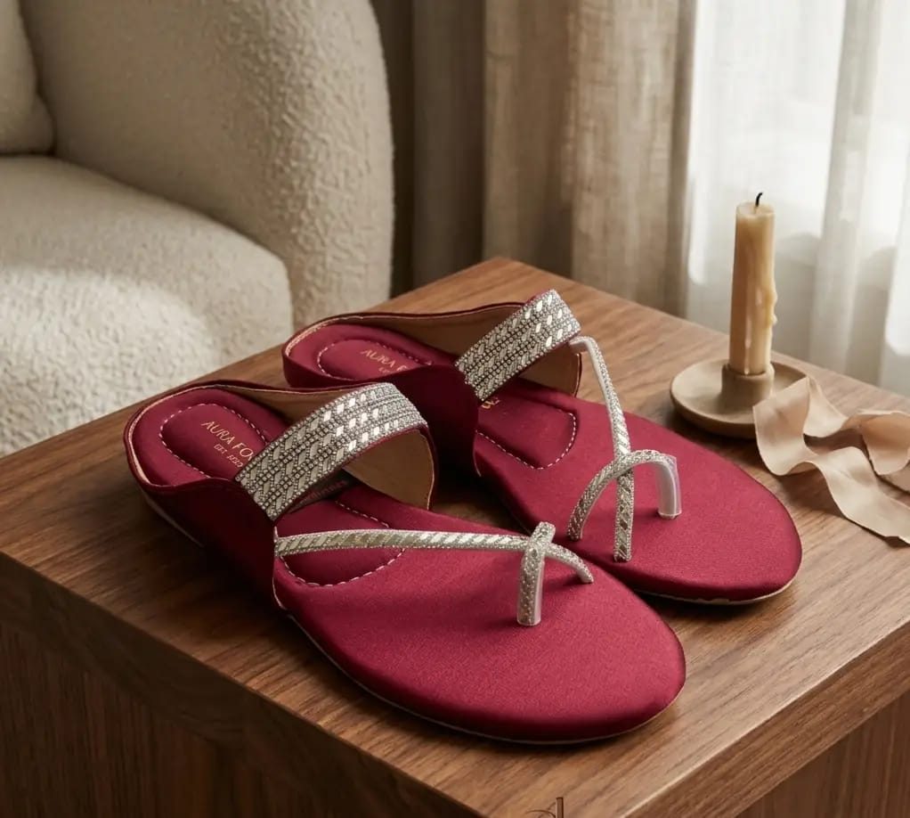 Trending Maroon Rhinestone Synthetic Leather Flats For Women - Fancy & Versatile Footwear