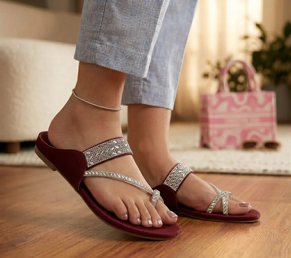 Trending Maroon Rhinestone Synthetic Leather Flats For Women - Fancy & Versatile Footwear