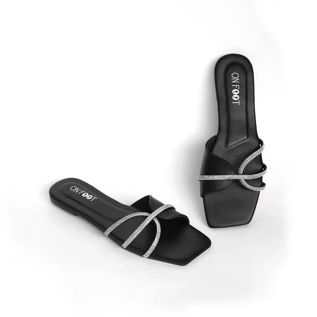 Shimmer Steps Black Gemstone Rexine Flats For Women - Fancy & Versatile Footwear