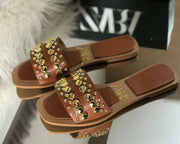 Elegant Beige Embellished Synthetic Leather Fancy Flats For Women - Premium Footwear