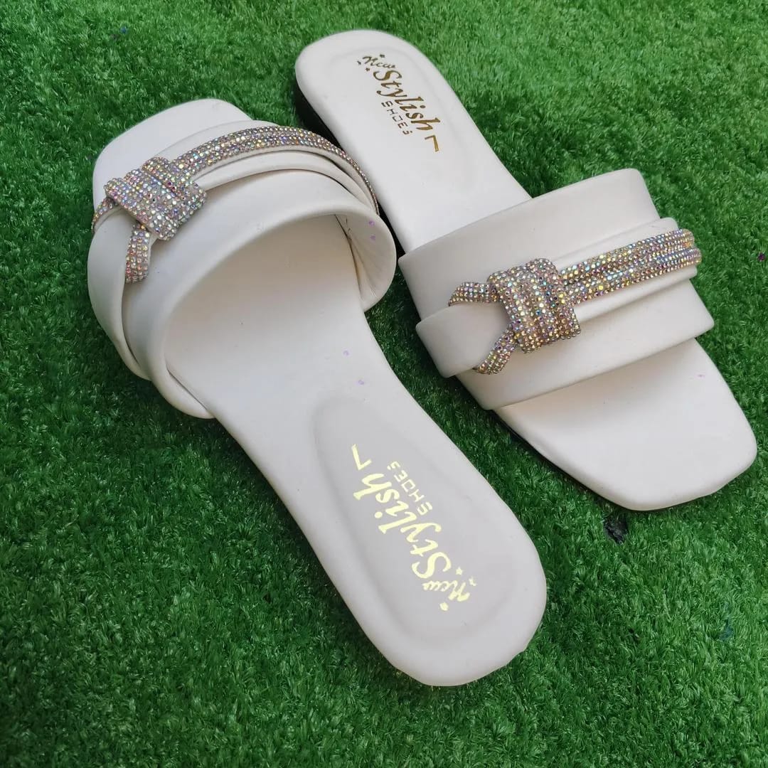 Dazzling White Rhinestone Rexine Flip Flops For Women - Fancy & Versatile Footwear