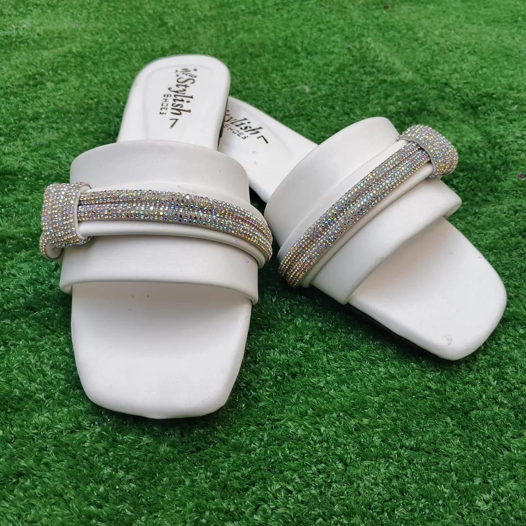 Dazzling White Rhinestone Rexine Flip Flops For Women - Fancy & Versatile Footwear