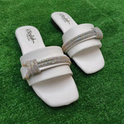 Dazzling White Rhinestone Rexine Flip Flops For Women - Fancy & Versatile Footwear