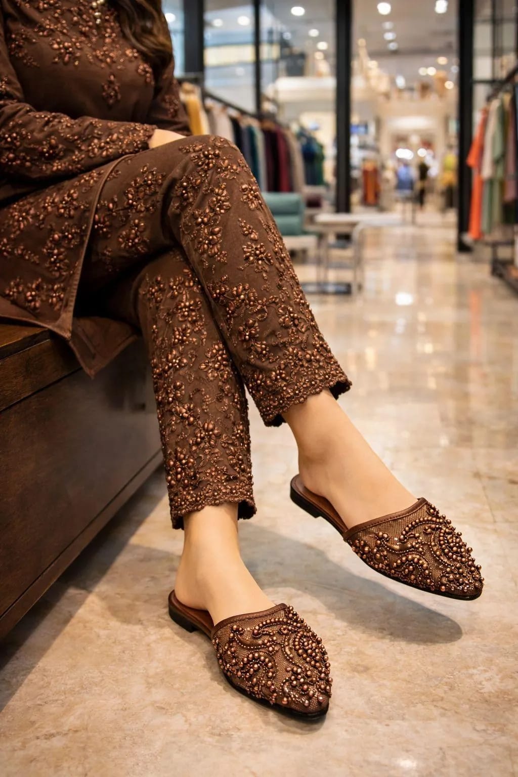 Stylish Brown Embroidered Cork Slippers For Women - Premium Casual Footwear (With Box)