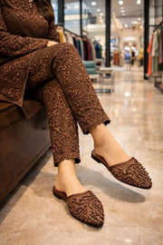 Stylish Brown Embroidered Cork Slippers For Women - Premium Casual Footwear (With Box)