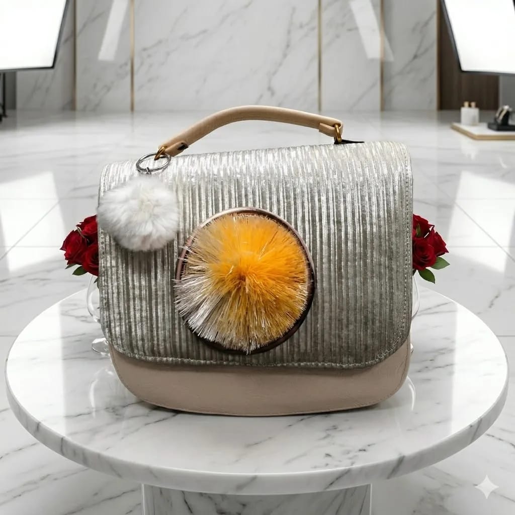 Elegant Ivory Blossom PU Leather Crossbody Bag For Women - Chunky Textured Handbag With Flower Detail & Key Chain