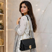 Royal Black Luxe Chain Shoulder Bag For Women - Premium Grain-Textured PU Leather Crossbody Bag
