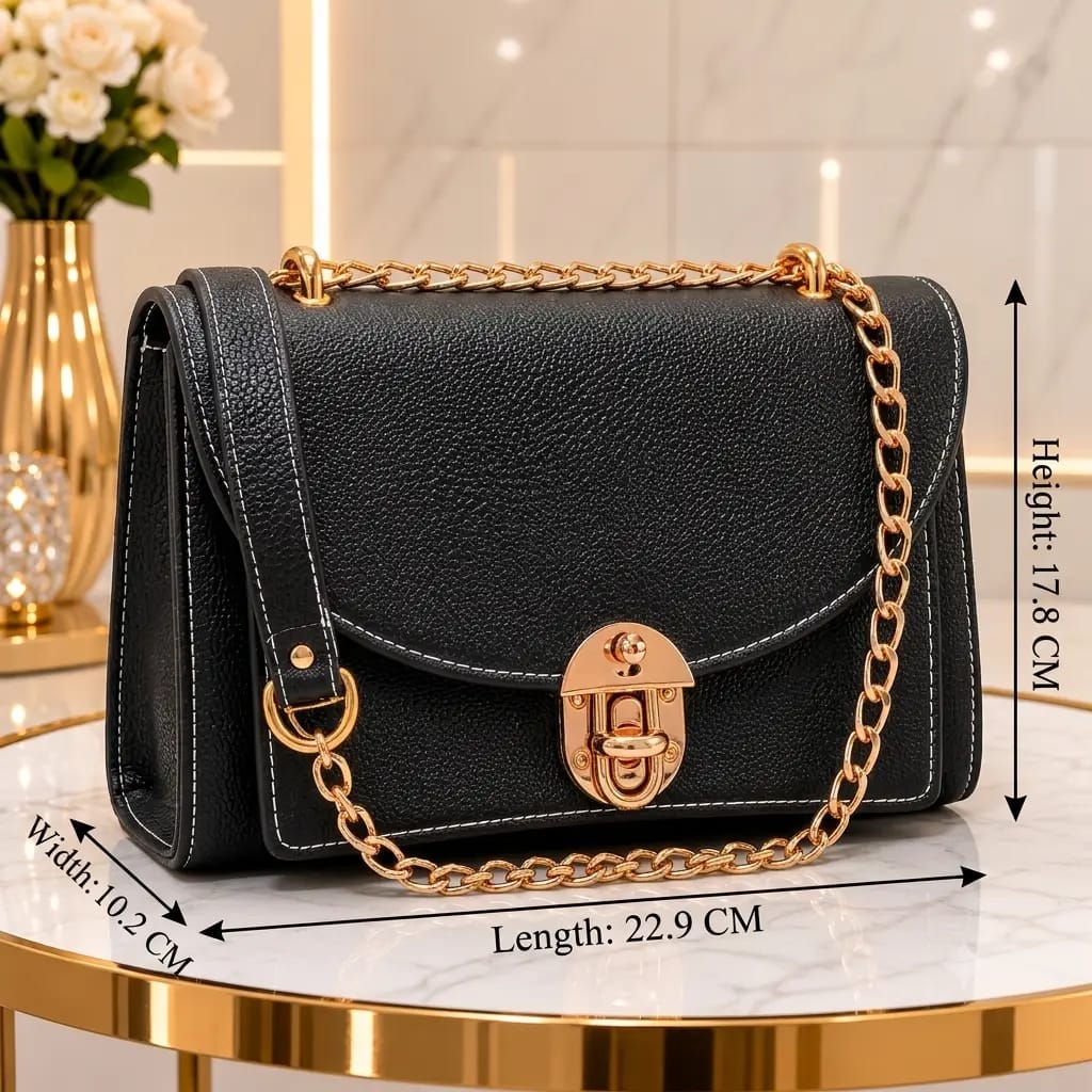 Royal Black Luxe Chain Shoulder Bag For Women - Premium Grain-Textured PU Leather Crossbody Bag