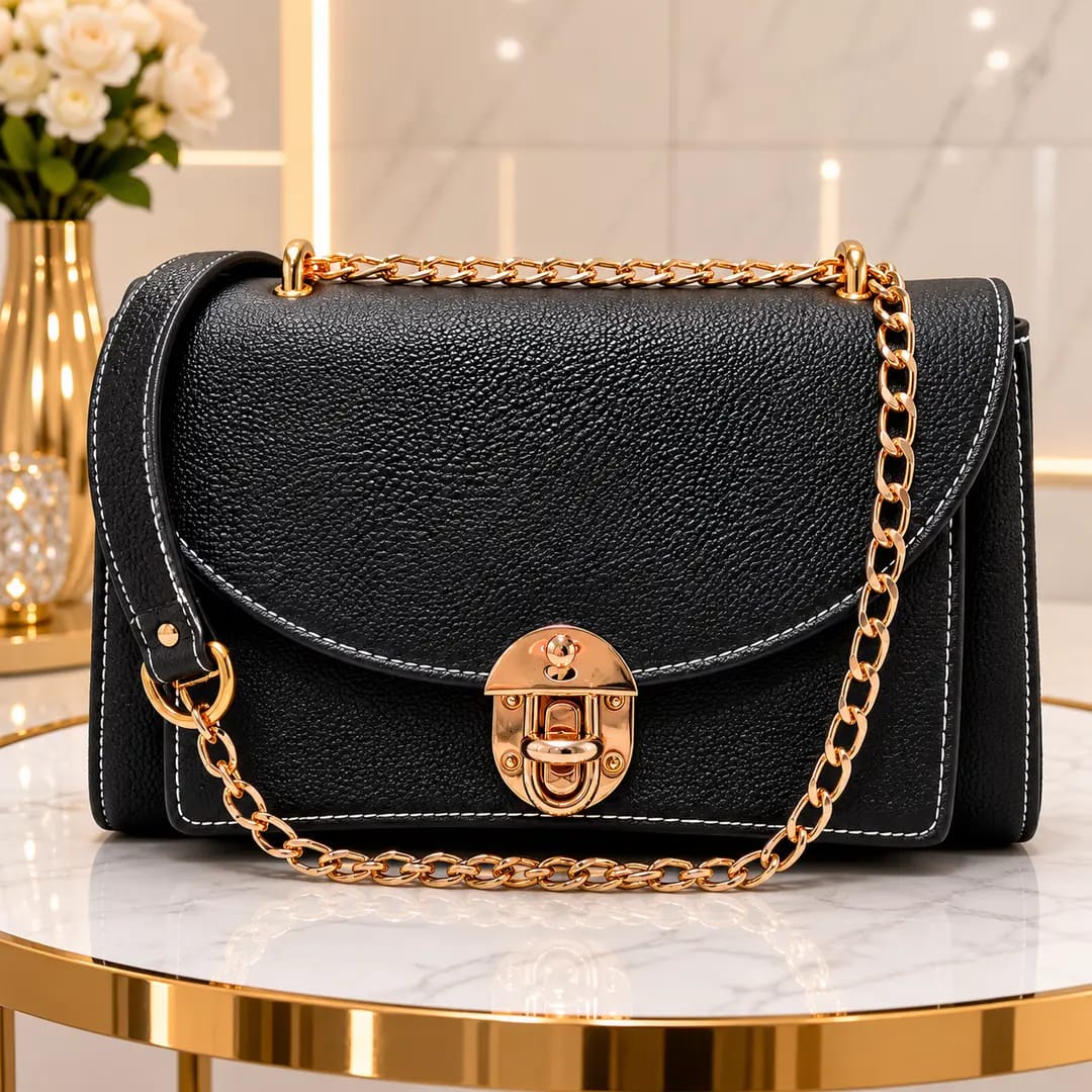 Royal Black Luxe Chain Shoulder Bag For Women - Premium Grain-Textured PU Leather Crossbody Bag