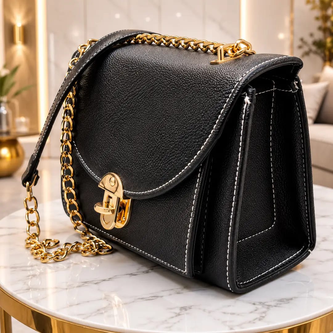 Royal Black Luxe Chain Shoulder Bag For Women - Premium Grain-Textured PU Leather Crossbody Bag