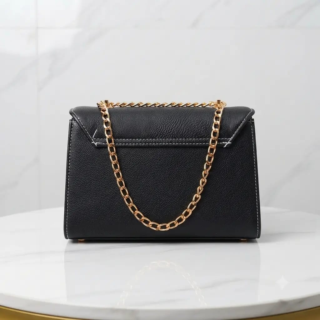 Royal Black Luxe Chain Shoulder Bag For Women - Premium Grain-Textured PU Leather Crossbody Bag