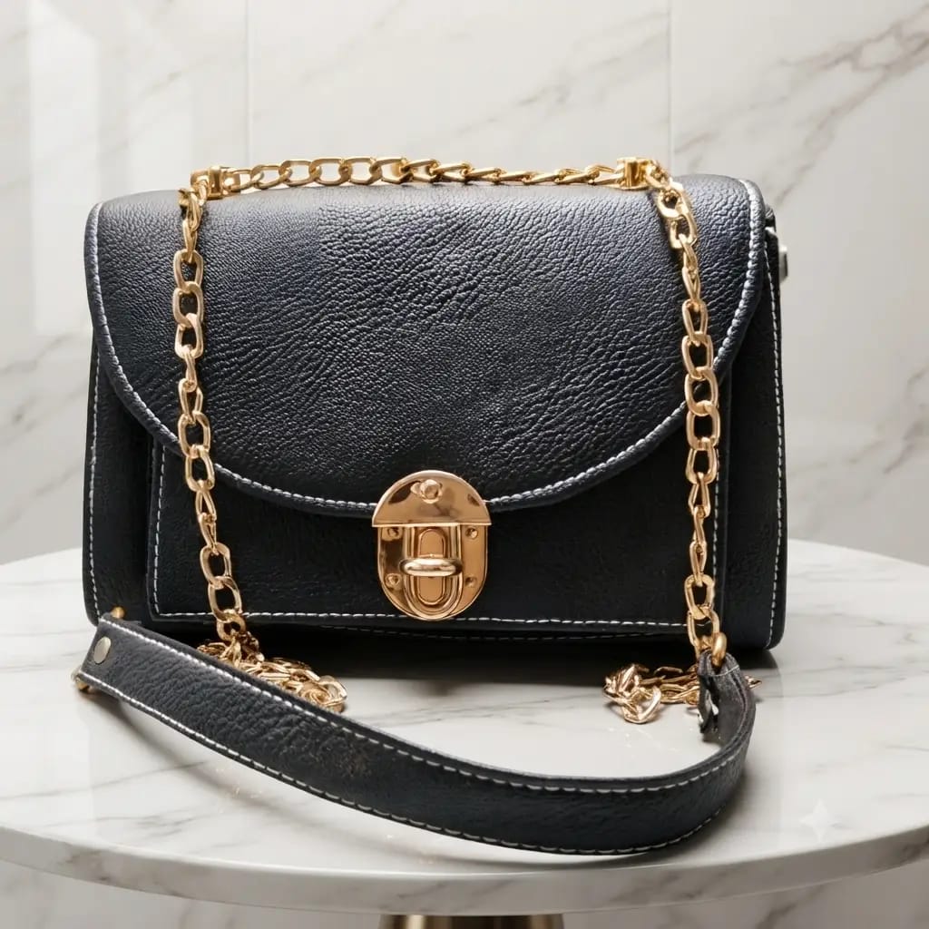 Royal Black Luxe Chain Shoulder Bag For Women - Premium Grain-Textured PU Leather Crossbody Bag