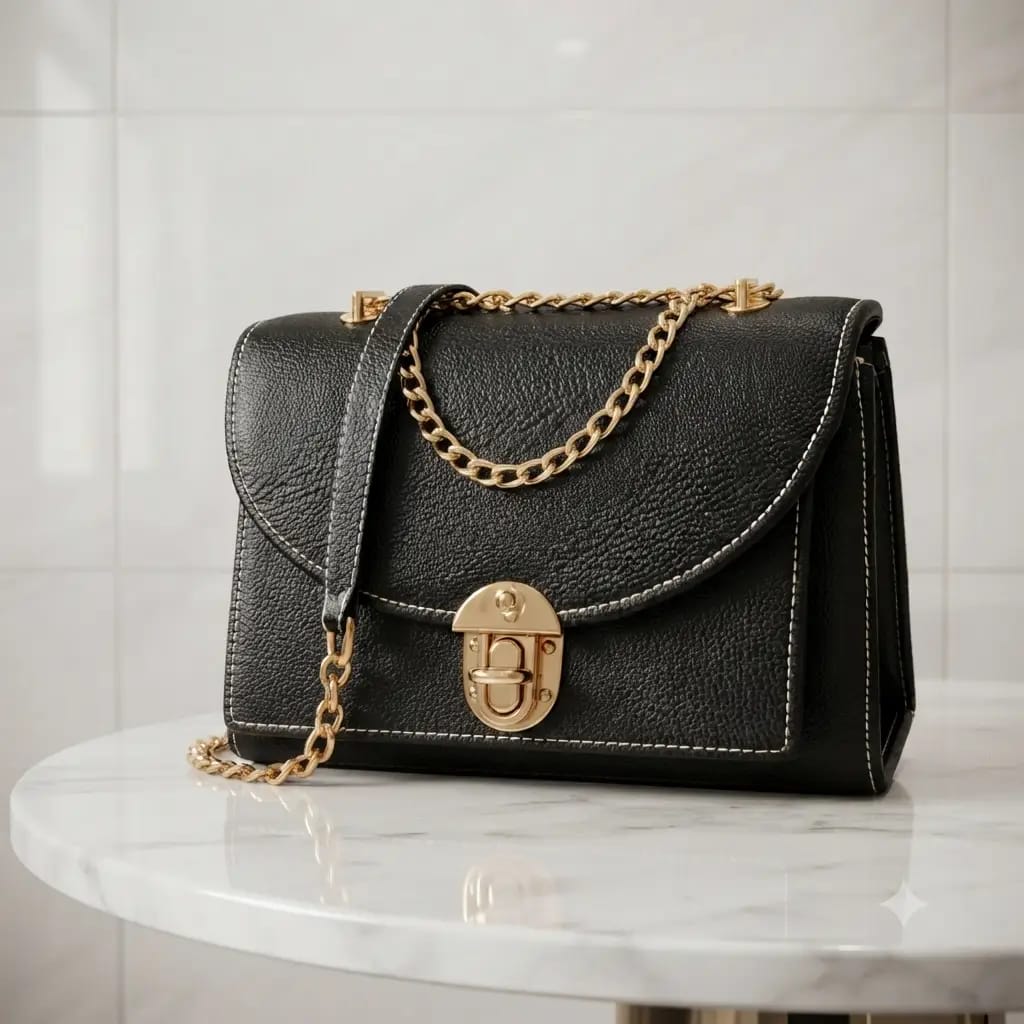 Royal Black Luxe Chain Shoulder Bag For Women - Premium Grain-Textured PU Leather Crossbody Bag