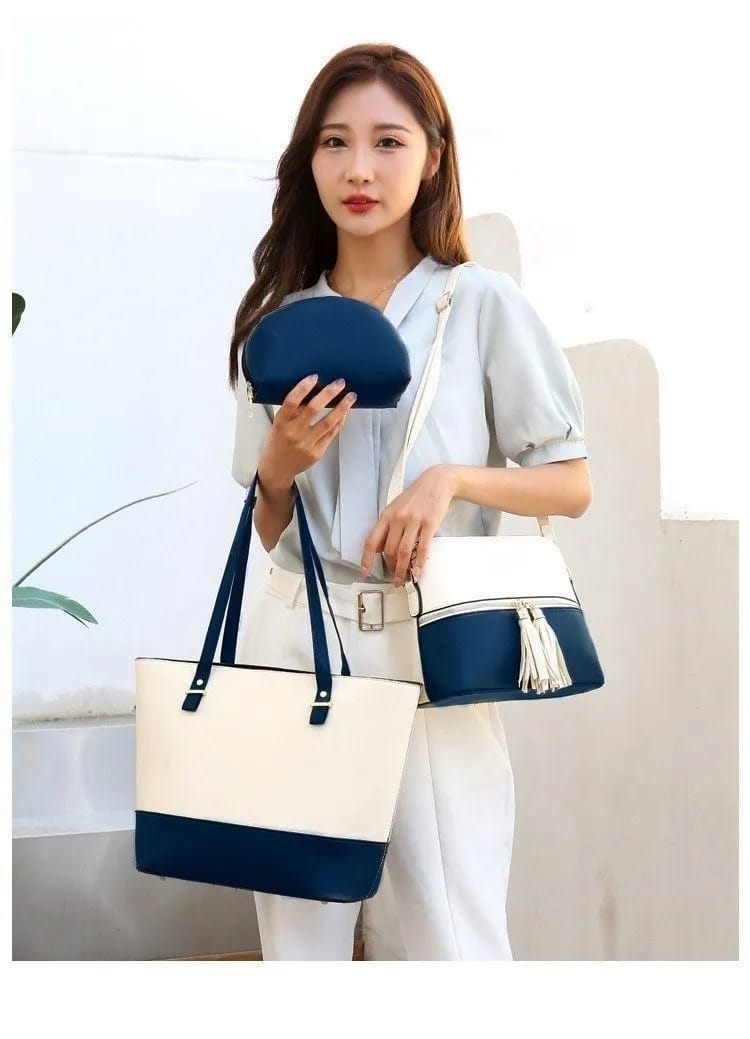 Stylish White 3-Piece Artificial Leather Shoulder Bag Set For Women & Girls - Premium Handbag Combo With Long Strap
