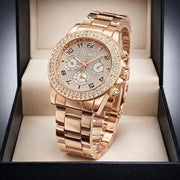 Luxury Rose Gold Chain Strap Brass Watch For Women - Elegant Round Dial Bracelet Wristwatch