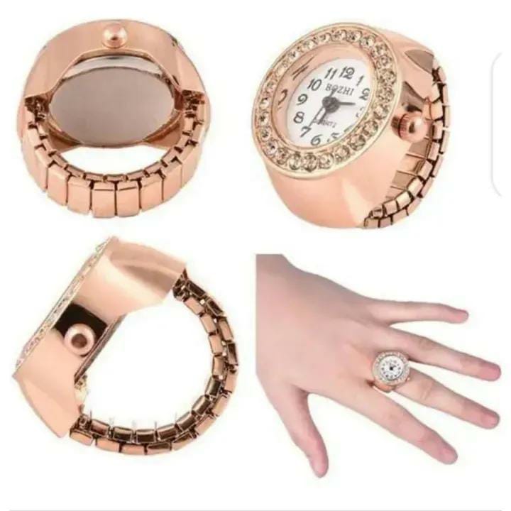 Trendy Brass Finger Ring Watch For Women & Girls - Mini Round Dial Textured Ring Watch
