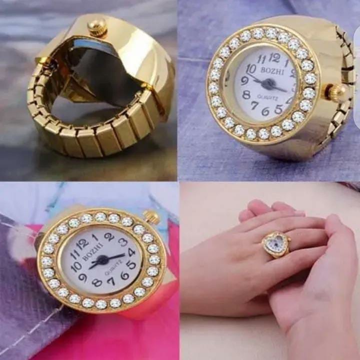 Trendy Brass Finger Ring Watch For Women & Girls - Mini Round Dial Textured Ring Watch