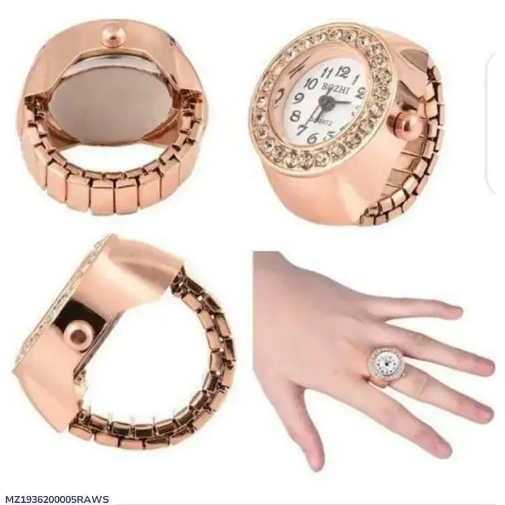 Trendy Brass Finger Ring Watch For Women & Girls - Mini Round Dial Textured Ring Watch