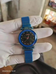 Vibrant Cobalt Blue Stainless Steel Mesh Watch For Women - Magnetic Strap Analogue Wristwatch