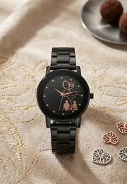 Sleek Black Aluminum Chain Strap Watch For Women - Lightweight Round Dial Wristwatch