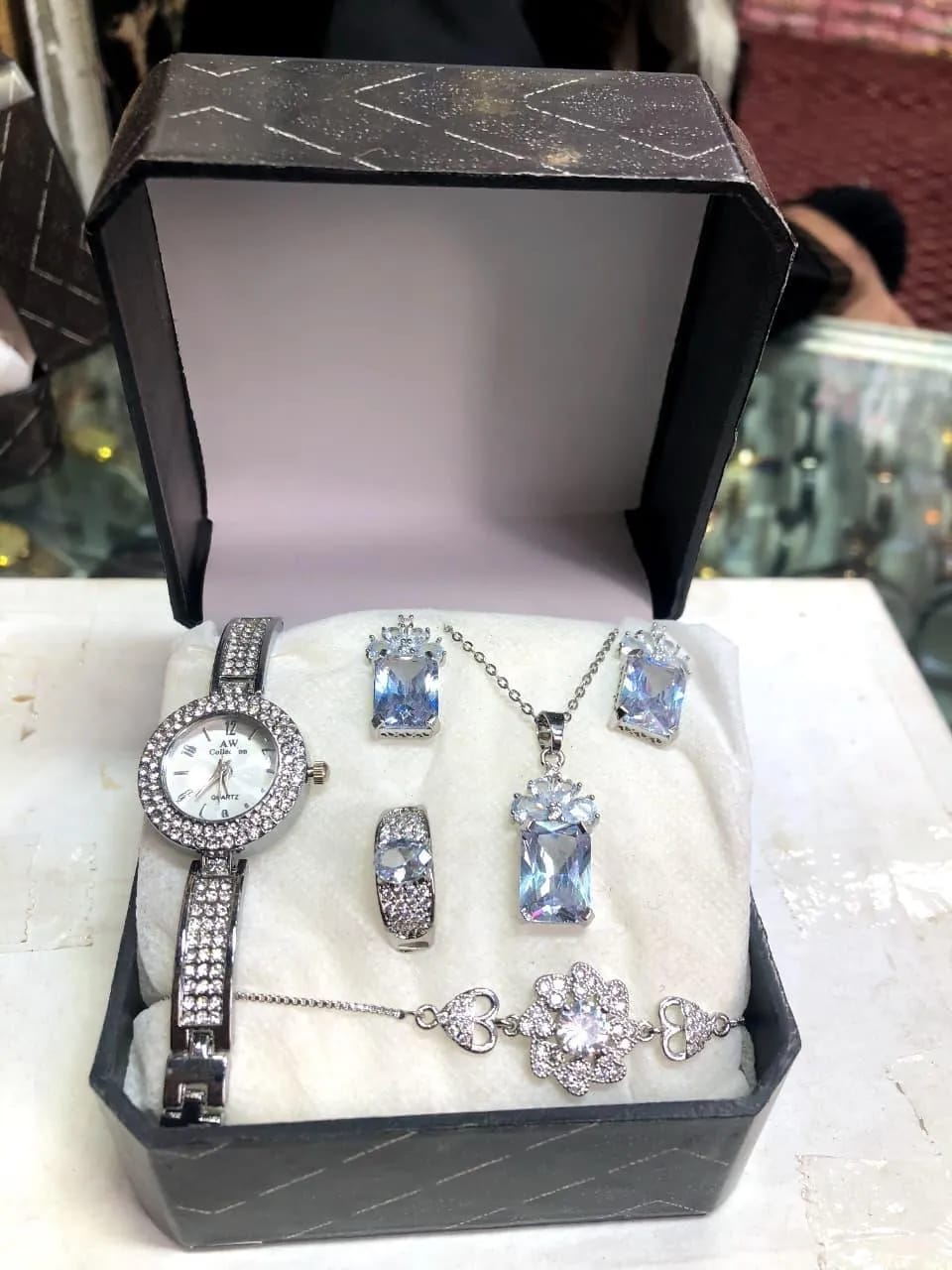 Luxury Rhodium Women’s Round Watch & Jewelry Combo Set - Includes Chain Watch, Finger Ring Watch & Digital Display Watch (Red, Black, White, Green)
