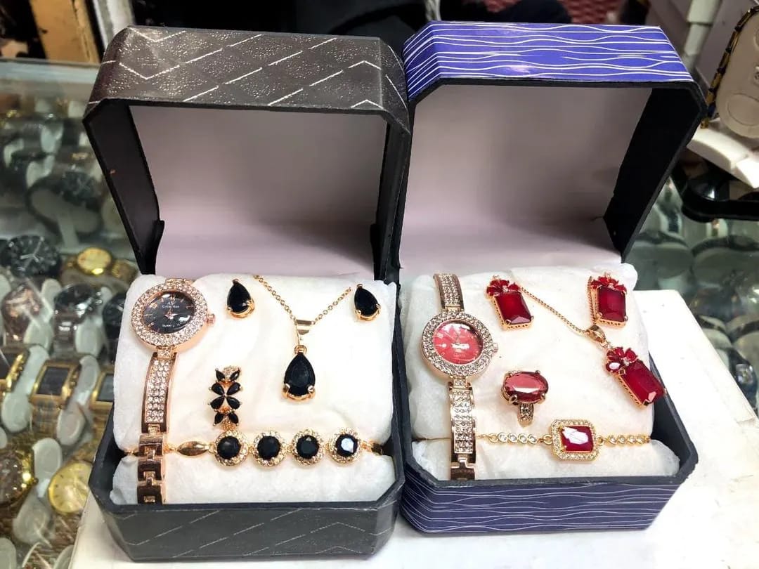 Luxury Rhodium Women’s Round Watch & Jewelry Combo Set - Includes Chain Watch, Finger Ring Watch & Digital Display Watch (Red, Black, White, Green)