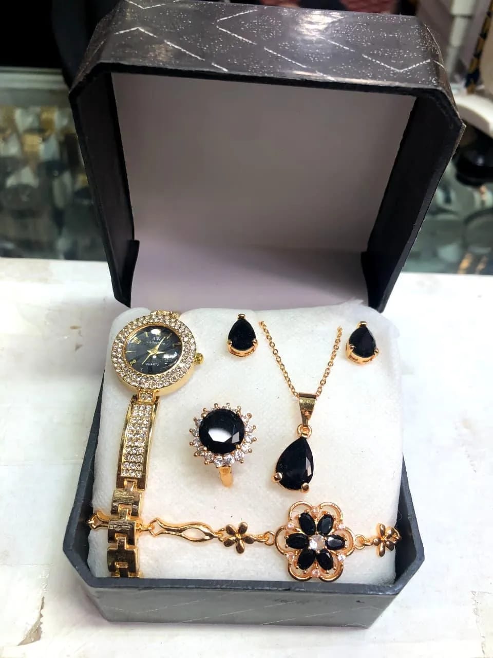 Luxury Rhodium Women’s Round Watch & Jewelry Combo Set - Includes Chain Watch, Finger Ring Watch & Digital Display Watch (Red, Black, White, Green)