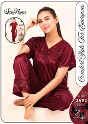 Option 1 (Best for SEO): Women's Maroon Silk Nightwear Set – 2 Pcs V-Neck Lace Night Suit  Option 2 (Short & Premium): 2-Piece Maroon Silk Sleepwear Set with Lace-Work  Option 3: Premium Women's Silk Nightwear Set (Shirt & Trouser) - Maroon