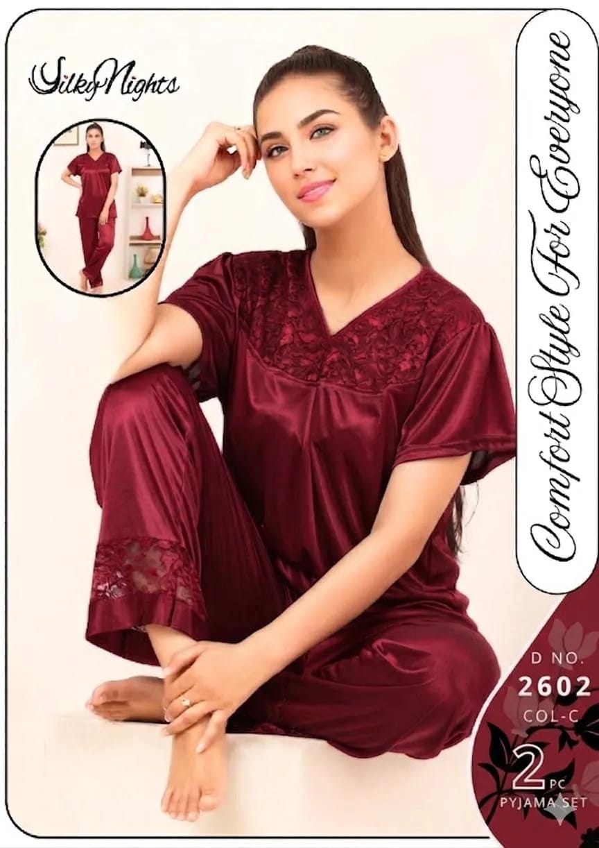 Option 1 (Best for SEO): Women's Maroon Silk Nightwear Set – 2 Pcs V-Neck Lace Night Suit  Option 2 (Short & Premium): 2-Piece Maroon Silk Sleepwear Set with Lace-Work  Option 3: Premium Women's Silk Nightwear Set (Shirt & Trouser) - Maroon