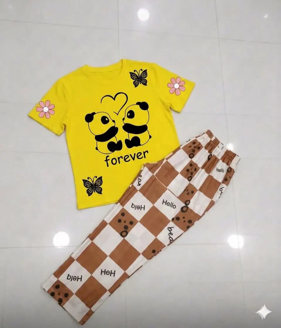 1 (Best for SEO): Women's Printed Cotton Jersey Nightwear Set – 2 Pcs Yellow Loungewear  Option 2 (Catchy): 2-Piece Yellow Printed Sleepwear Set for Girls & Women (Shirt & Trouser)  Option 3: Women's Yellow Cotton Jersey Night Suit (Medium, Large, XL)