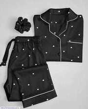 1 (Best for SEO): Women's 3-Piece Black Silk Nightwear Set – Heart Print with Scrunchie   2 (Catchy): 3-Piece Black Printed Silk Night Suit with Piping Detail & Matching Scrunchie   3: Premium Women's Black Heart Print Silk Sleepwear Set (Standard Size)